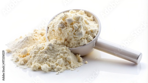 fitness, white, health, scoop, bodybuilding, close-up, A close up view of a scoop of white whey protein powder sitting on a plain white background at eye level