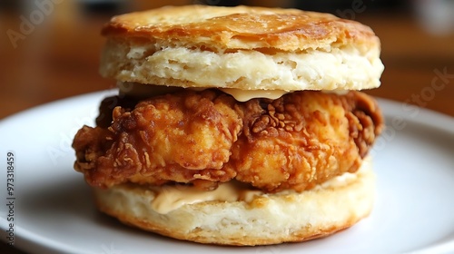 A warm, buttery biscuit sandwich filled with fried chicken and honey butter