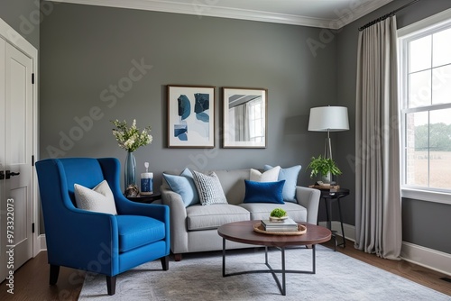 Modern Cozy Den Featuring Blue Armchair and Soft Grey Wall in Interior Design