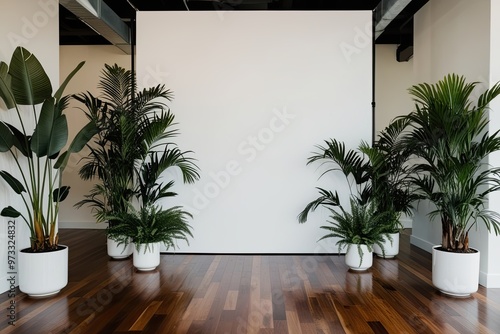 Stylish Minimalist Venue Backdrop with Potted Plants and Sleek Wooden Floors