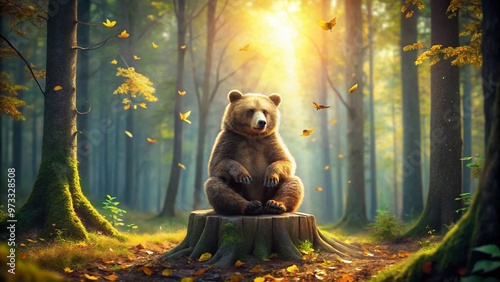 Meditative bear sitting cross-legged on a tree stump in a serene forest, surrounded by fluttering leaves, lost in thought, surrounded by a warm soft glow.