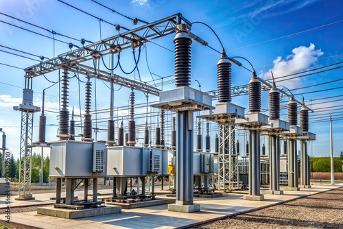 A stock photo of a high voltage electric power substation with switchgear and transmission transformers showcasing a forced perspective view, forced perspective, technology