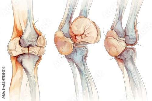 Common causes of knee pain illustrated through medical diagrams: sprains, arthritis, and meniscus tears.