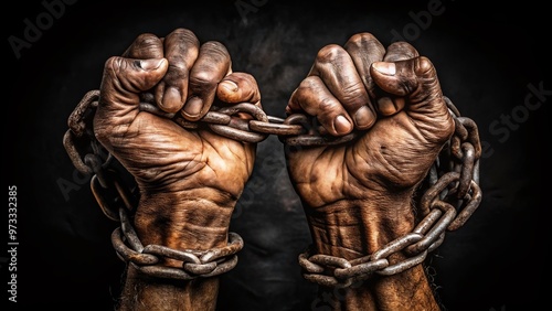 Rusted metal shackles bind worn, weathered hands together, symbolizing oppression, restraint, and longing for freedom