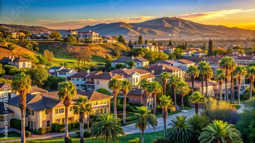 Sun-kissed hills, palm trees, and modern architecture blend harmoniously in a scenic view of Aliso Viejo, capturing the essence of Orange County's suburban charm.