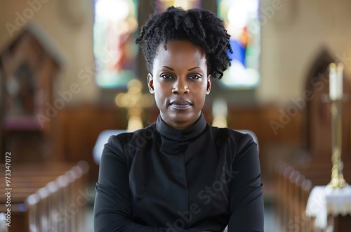 Confident female pastor standing in church with arms crossed