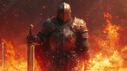 A fierce knight in full armor holding a sword, backed by a fiery landscape that enhances the dramatic and heroic nature of the scene.