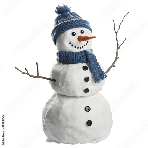 cheerful snowman in hat isolated on black background, winter holidays fun