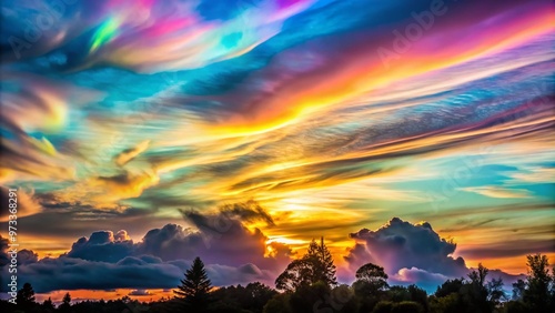 Vibrant pastel hues dance across the morning sky as delicate, iridescent nacreous clouds, kissed by sunrise, shimmer and undulate in serene, ethereal harmony.