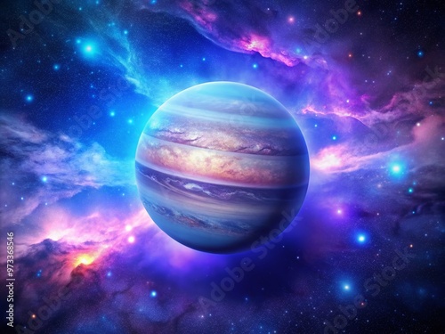 Vibrant purple and blue astrology symbol for Jupiter, set against a starry night sky with subtle nebulae and