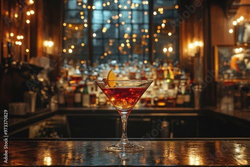 Manhattan cocktail in a dimly lit upscale New York bar