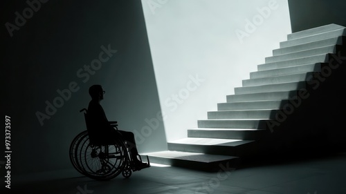 Disabled person in a wheelchair standing before a staircase looking up created with Generative AI