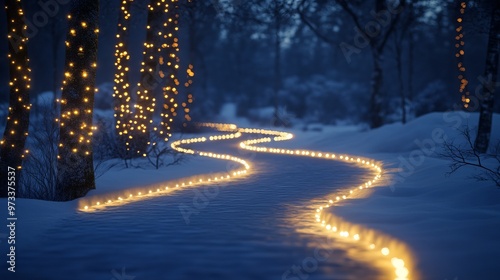 Christmas lights on a snowy pathway, with a gradient from deep blue to soft white, guiding the way home. 4K hyperrealistic photo.