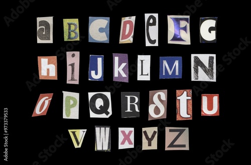 Set of cut-out English alphabet from magazines on a black background, retro y2k style