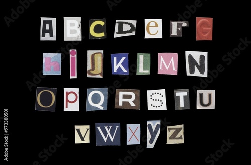 Set of cut-out English alphabet from magazines on a black background, retro y2k style