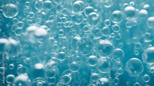 Oxygen Bubbles Clear Blue Water Close-up, Mineral Water Enriched with Oxygen Background