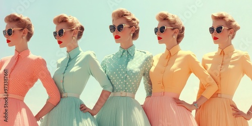 Four Retro Women in Pastel Dresses and Sunglasses