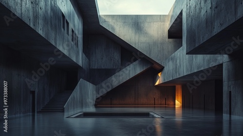 Brutalist art museum with sharp, angular concrete forms and large, unadorned surfaces, creating a stark, modernist space. 4K hyperrealistic photo.