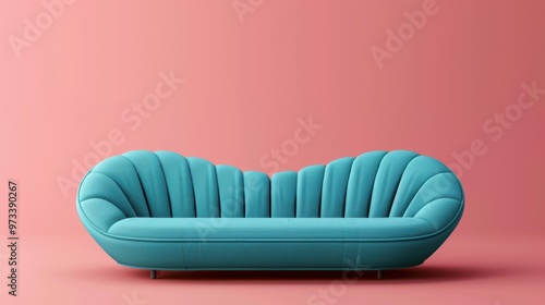 A modern teal sofa with a unique, scalloped backrest design against a pink background