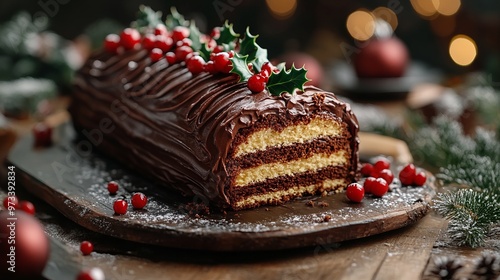 Decorating a traditional Christmas Yule log cake with chocolate frosting and festive holly, set on a rustic wooden table. 4K hyperrealistic photo.