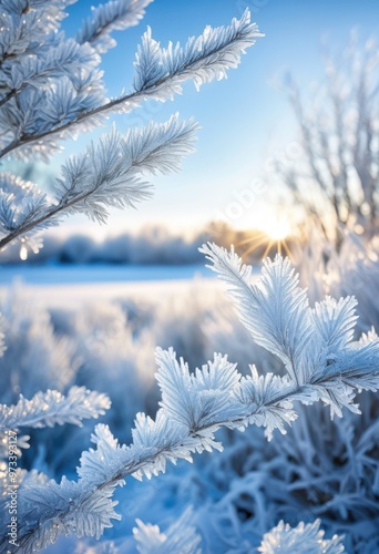 frost covered branches shimmering soft sunlight creating magical winter landscape, atmosphere, breathtaking, bright, brightening, captivation, charm