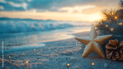 Tropic Christmas ornaments on magic exotic sandy beach against ocean background at golden hour. Happy holidays and festive celebration concept. Creative Christmas and new year banner with copy space