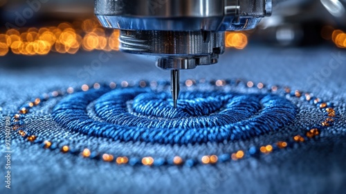 Close-up of a sewing machine needle embroidering a blue circle design on denim fabric.