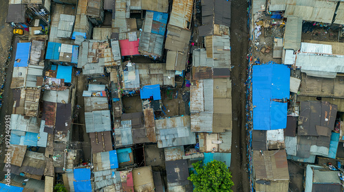 Aerial view of a slum showing dense housing and narrow streets