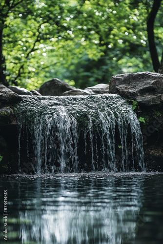 A small waterfall cascades over rocks into a calm pond surrounded by lush greenery, creating a tranquil nature scene.