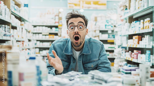 Man with glasses looking surprised in a pharmacy surrounded by shelves of medicine and products, expressing shock and confusion