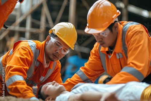 Workers administer first aid to an injured colleague who is in pain on a construction site, ensuring his safety and well-being.