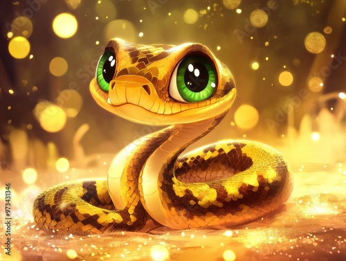 Funny cute snake with big green eyes on new year background, Disney cartoon style