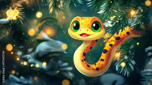 Funny cute snake with big green eyes on new year background, Disney cartoon style