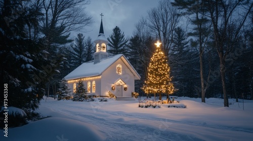 Snow-covered church at dusk with Christmas tree and lights