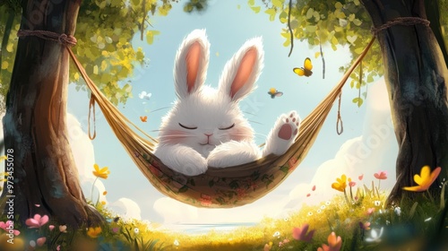 A cute cartoon bunny sleeping in a hammock, swaying gently between two trees with a soft breeze and birds chirping