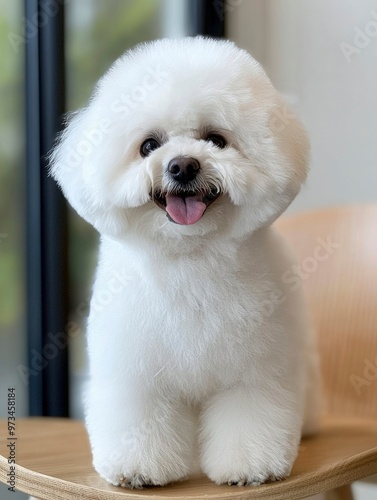 A Smiling White Bichon Frise Dog Sitting on a Wooden Chair