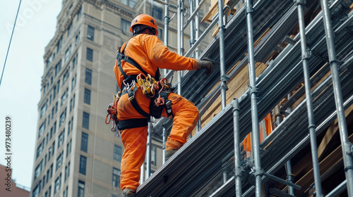 A man in orange jumpsuit is working on a building. He is wearing a harness and is on a scaffolding