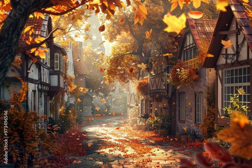 Cozy warm autumn in the city. Nice houses in leaf fall. Background in autumn style, with leaves, threes, european houses, warm colors, realistic.