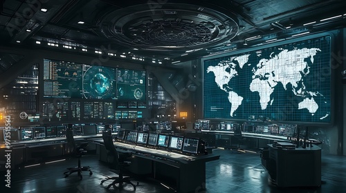 Futuristic control room with large screens, futuristic technology and a map of the world in the background