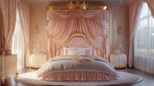 luxurious childs bedroom retreat featuring a princess bed with flowing curtains, golden accents, and a majestic crown canopy, fit for royalty