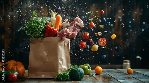 Fresh ingredientsâ€”vegetables, fruits, and meatâ€”falling out of a brown shopping bag onto a wooden background, captured with sharp details and high-quality lighting