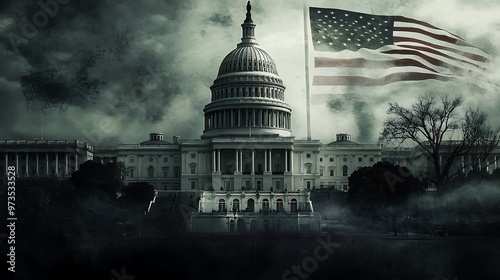 US Capitol Building with an ominous, apocalyptic sky and an American flag waving in the wind.