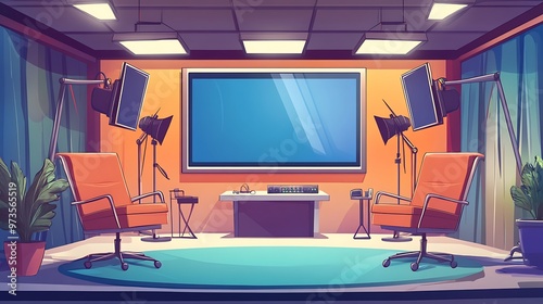 Empty studio with green screen, lights, and audio equipment. Concept of filmmaking, broadcasting, and video production