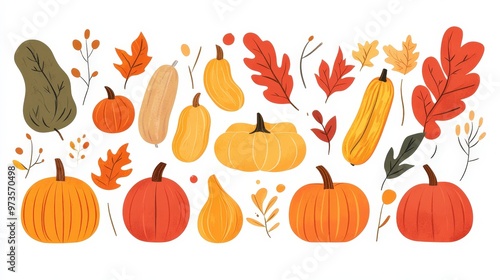 Vibrant Fall Harvest: Minimalist Vector Illustration of Colorful Pumpkins, Gourds, and Autumn Leaves in 2D Flat Style