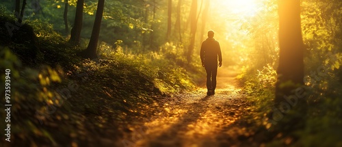 forest trail, winding path, nature's journey, adventure, exploration, close up, focus on, copy space, earthy tones, soft light, Double exposure silhouette with a person hiking