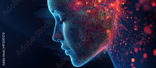 Abstract digital representation of a human face showcasing artificial intelligence concepts rendered in 3D