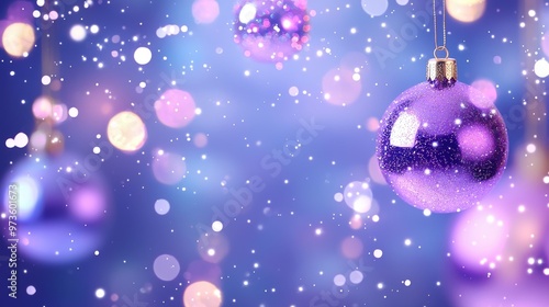 Cheerful Christmas background with bauble and glittery bokeh with blurred background. 