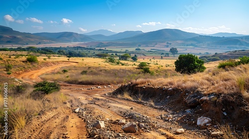 Sustainable mining practices, with land rehabilitation in progress, showing a restored landscape with new vegetation where mining once occurred. 