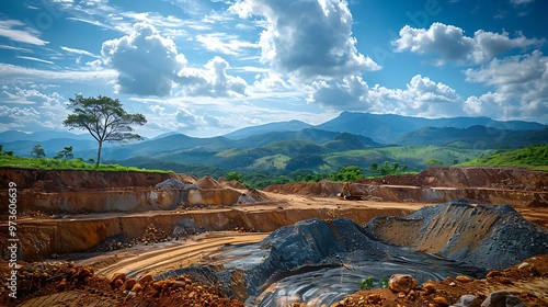 Sustainable mining practices, with land rehabilitation in progress, showing a restored landscape with new vegetation where mining once occurred. 