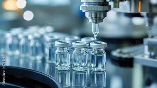 Close-up of a pharmaceutical filling machine dispensing liquid into glass vials.